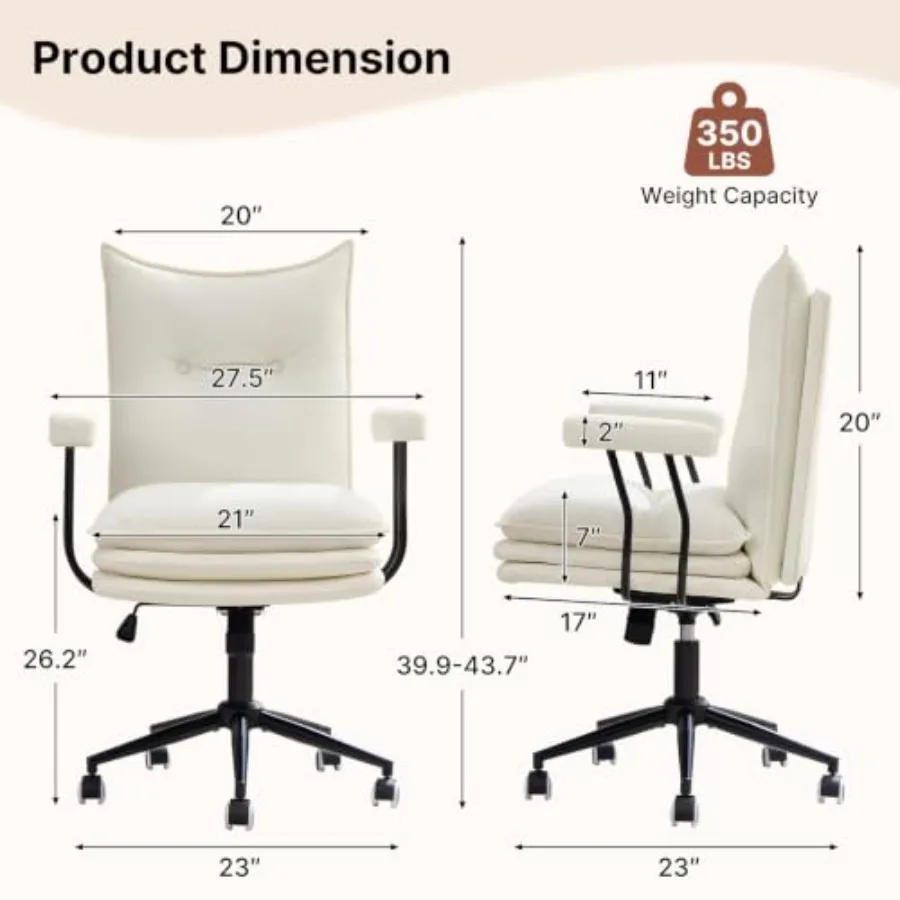 Leather Office Chair for Home Office Use, Genuine Leather in Beige, Detachable Armrests and 360 Swivel for Enhanced Ergonomic S