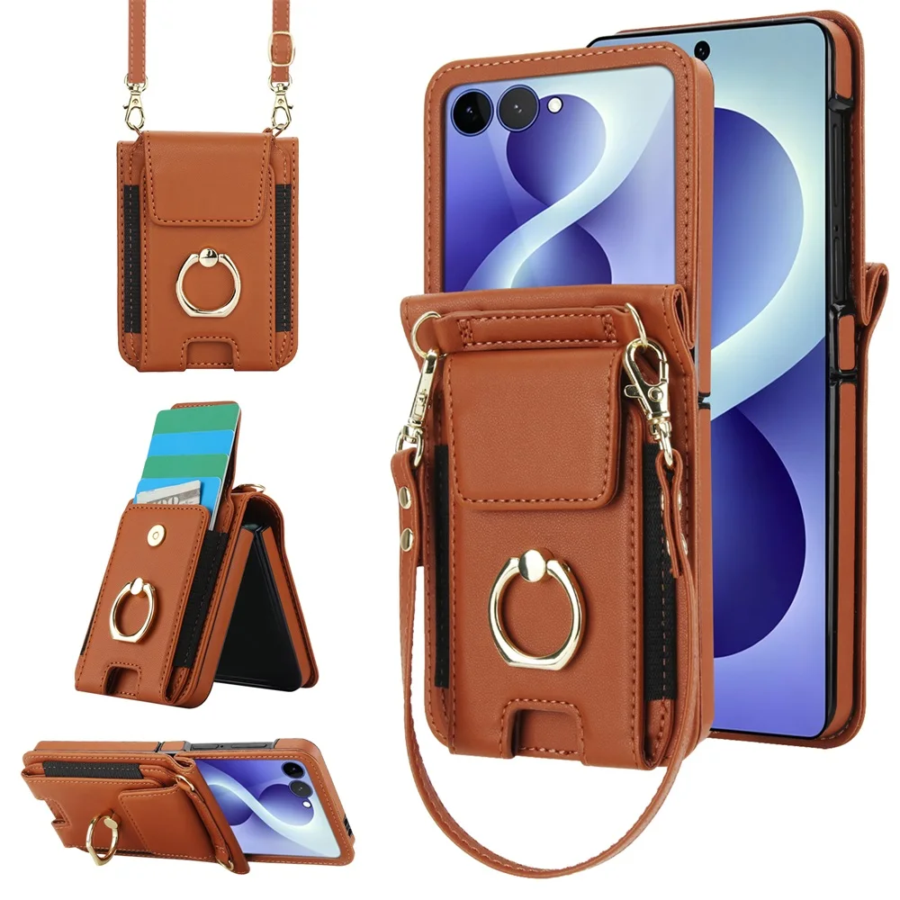 Crossbody Lanyard Zipper Ring Leather Wallet Case For Samsung Galaxy Z Flip 8 7 6 5 4 3 5G Phone Cover Shockproof Cards Bag