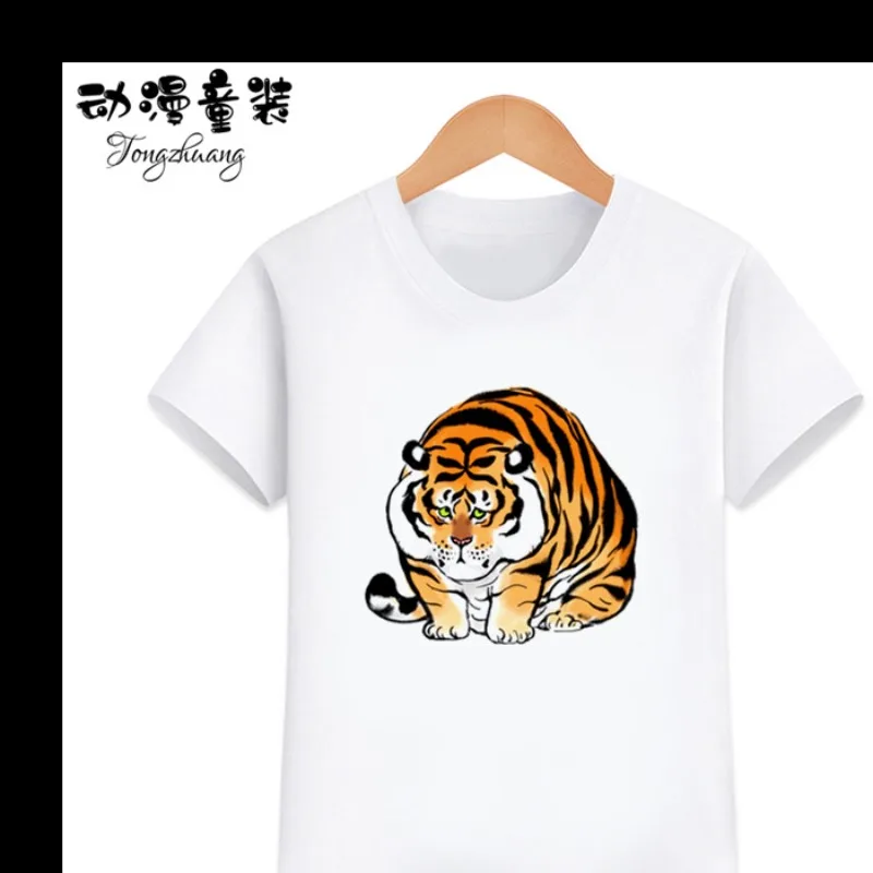 Camiseta de manga curta para meninos e meninas, camiseta de tigre de meia manga solta infantil, moda pequena e grande, nova