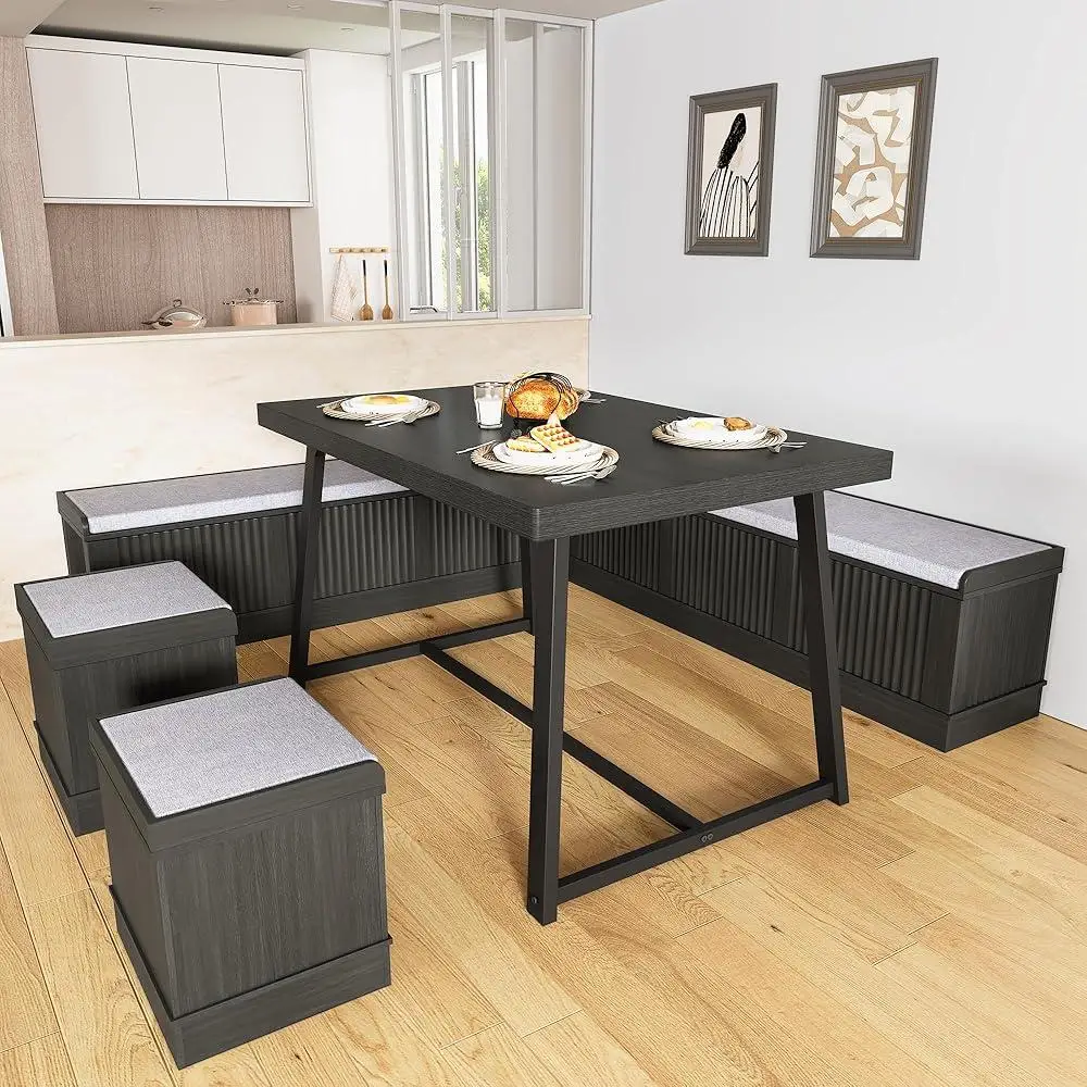 Corner Dining Table Set with Storage Bench and Ottomans Space-Saving Nook Table Set Comfortable Padded Seating Kitchen Dining