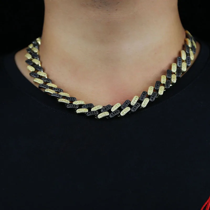 

Hip Hop Bling Iced Out 15mm Black Gold Tow-Color Cuban Link Chain Necklaces Men Rapper Jewelry