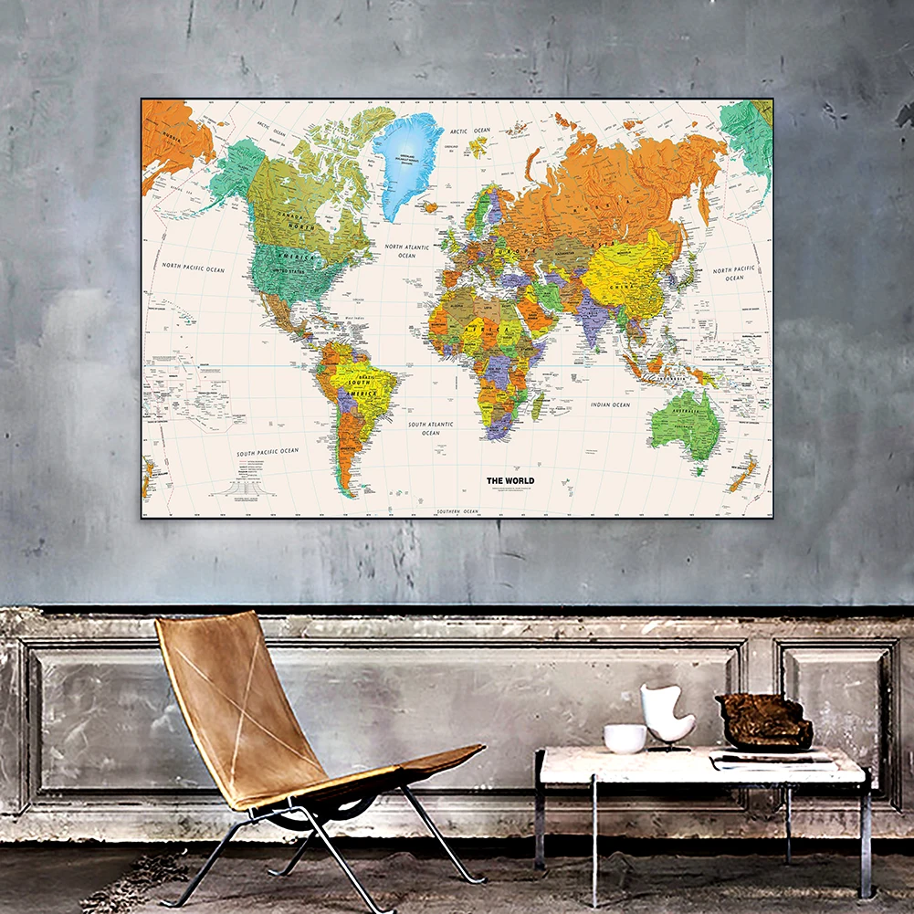 150x100cm The World Map Non-woven Non-Smell Canvas Painting Aerial View Wall Art Poster Home Office Decorative Hanging Picture