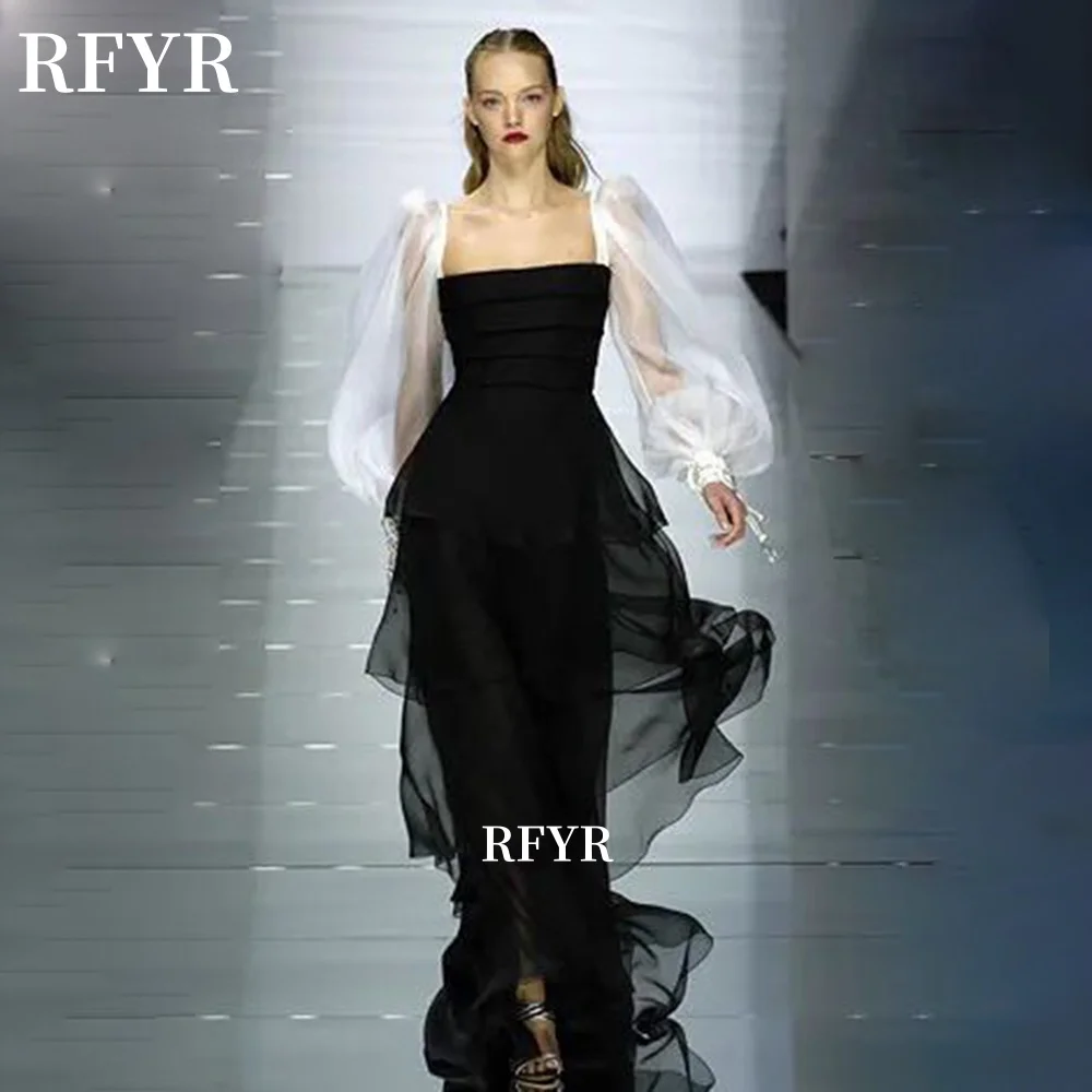 

RFYR Sqare Neck Party Dress A Line Evening Dresses Long Lantern Sleeve Formal Celebrity Dresses for Women Customized