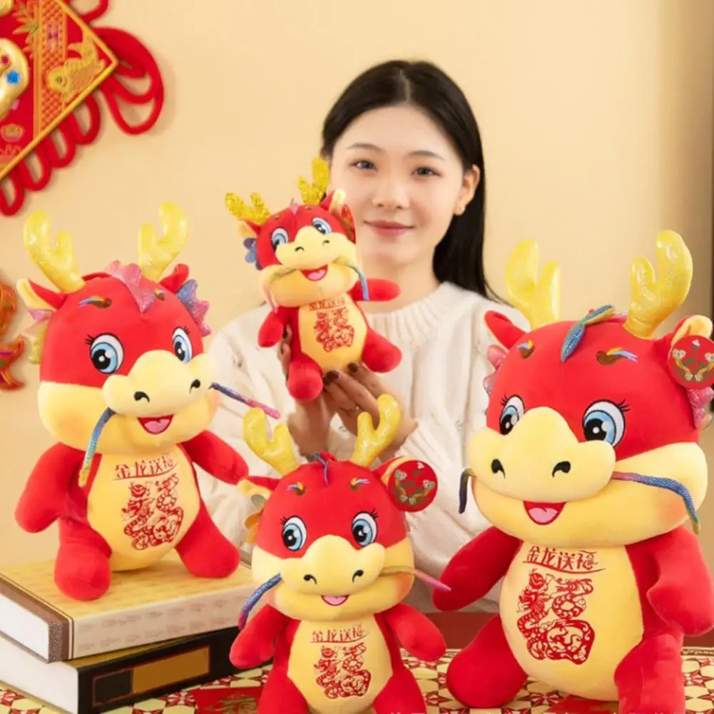 Lunar New Year Mascot Dragon Mascot Doll 2024 Year of Dragon Plush Doll with Blessing Banner Chinese Zodiac Cartoon for Spring