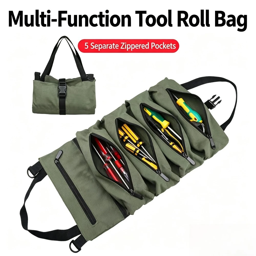 Tool Roll Bag, Roll Up Tool Bag Organizer, 5 Pockets Foldable Waterproof Roll-Up Tool Box,Heavy Duty Portable Tool Storage Pouch