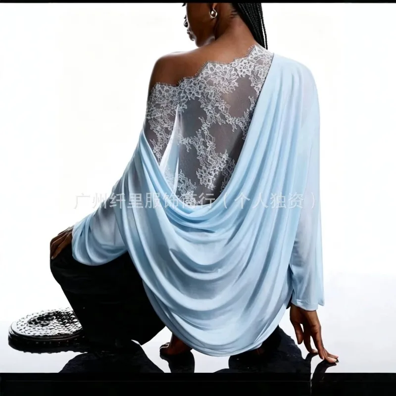 Europe, America, Amazon Cross-border New Back Perspective Hollow Lace Splicing Long-sleeved Swing Neck Thin Sexy Temperament Top