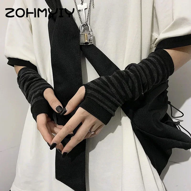 Winter Warm Long Sleeves Gloves For Men Women Fingerless Stripe Hip-Hop Elbow Mittens Elastic Outdoor Warmer Arm Sleeves