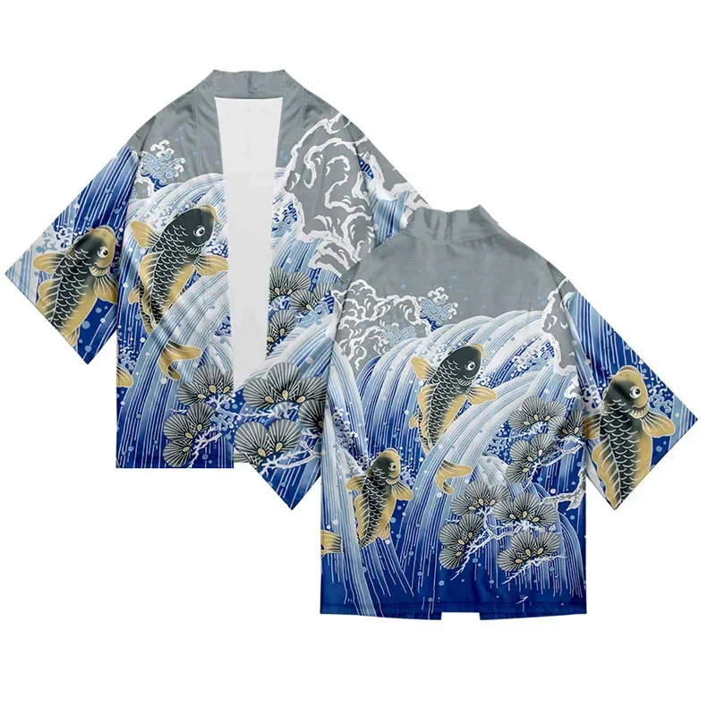 เสื้อคลุมสไตล์ญี่ปุ่นลายปลาคาร์พแบบอุกิโยะ ชุดกิโมโนผู้หญิง แฟชั่นญี่ปุ่นคลาสสิก เสื้อคลุมผู้ชายสำหรับใส่กลางแจ้ง ชายหาด สไตล์ลำลอง ยูนิเซ็กส์ เทรนด์ฮาร์อย