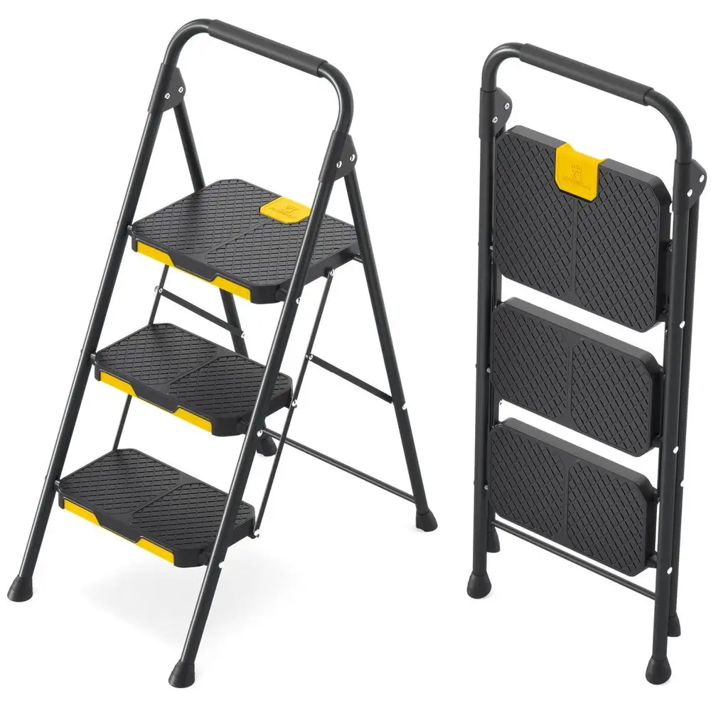 Steel Step Stool Safe-Lock Handrail Anti-Slip 800lbs Load Folding Portable Space-Saving