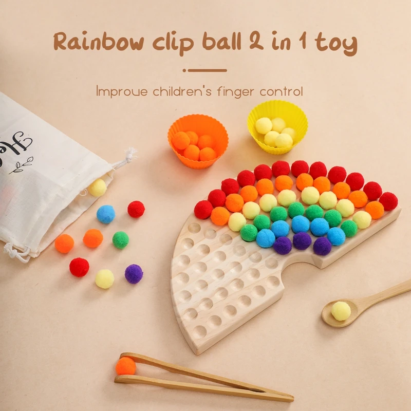 1Set Baby Montessori Toys Wooden Rainbow Board Baby Color Sorting Sensory Clip Ball Toy Children Fine Motor Skills Education Toy