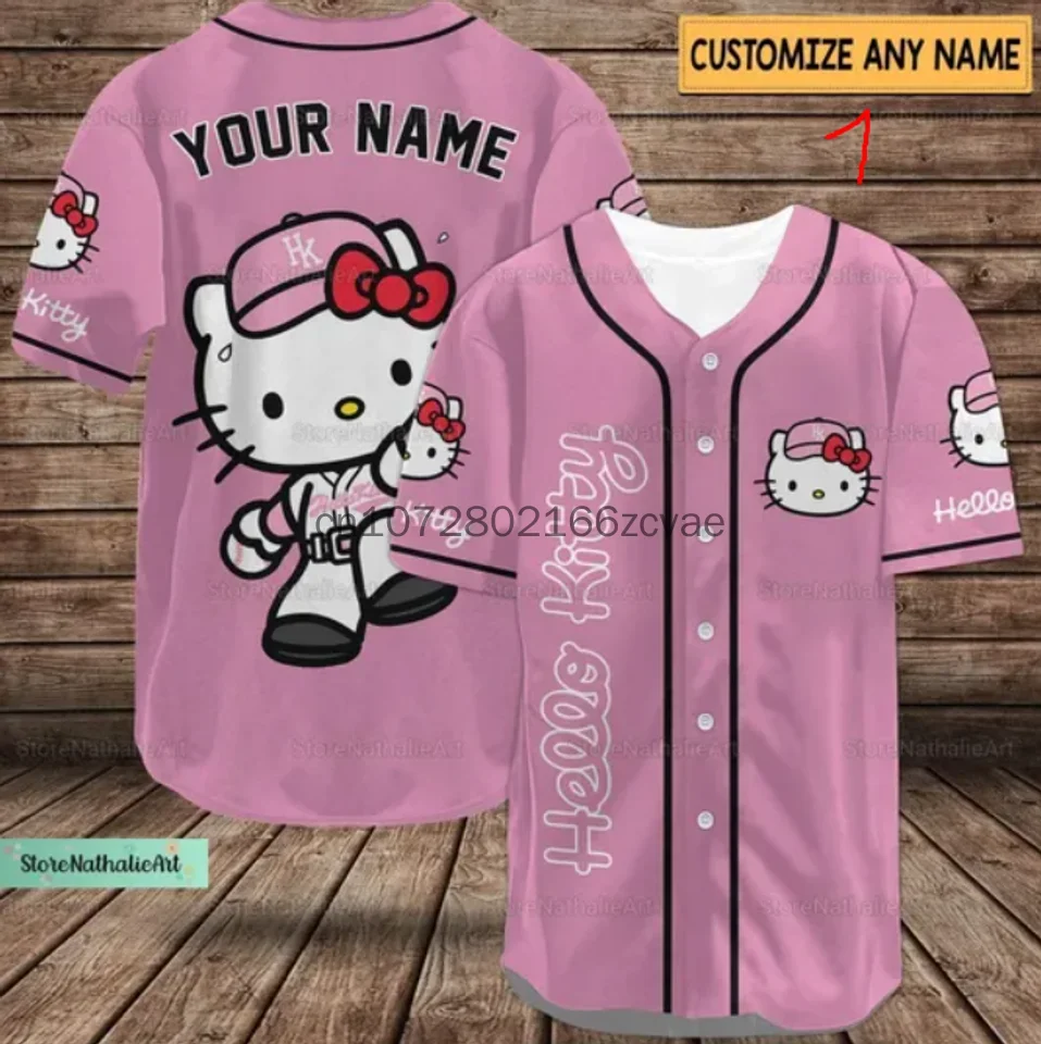 2024 Hello Kitty Baseball Jersey Personalized Cartoon Print Baseball Jersey Shirts Outdoor Sports Casual Men Women Kids Tops