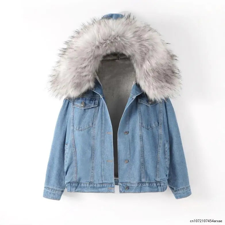 2023 Faux Fur Collar Denim Jacket Women Winter Hooded Warm Jean Coat Student Basic Parkas Female Bomber Jacket