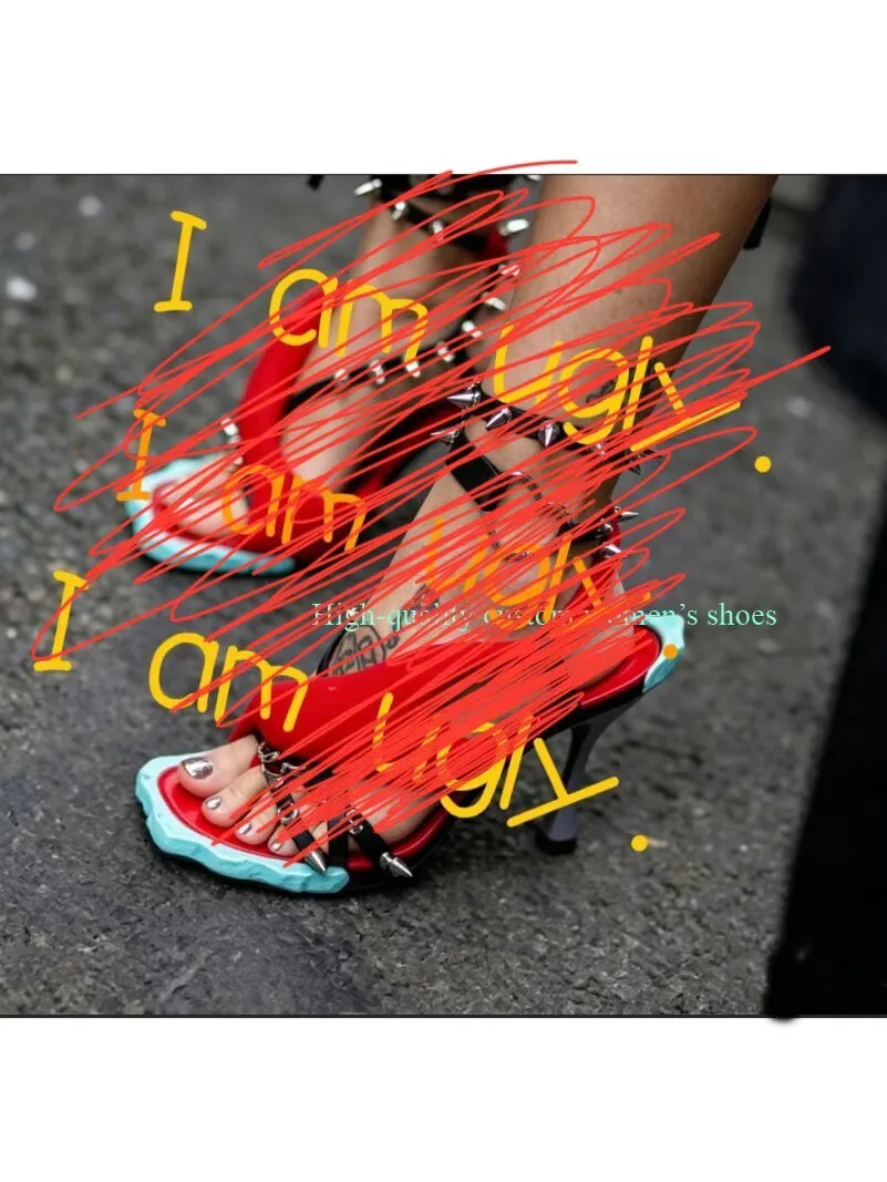 

Red And Blue Color-Block Style Irregular Sole Sandals Riveted Decorate Ankle Entwining Binding Stiletto Heels Runway Shoes