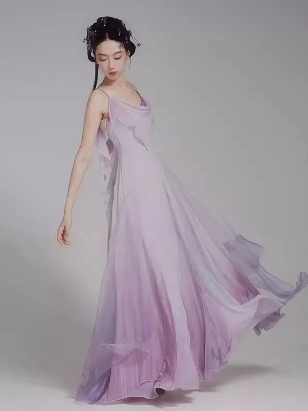 Ele Classical Dance Costume Fairy Skirt Long Sve Transparent Chiffon Loose Fitting Profional Performance Training