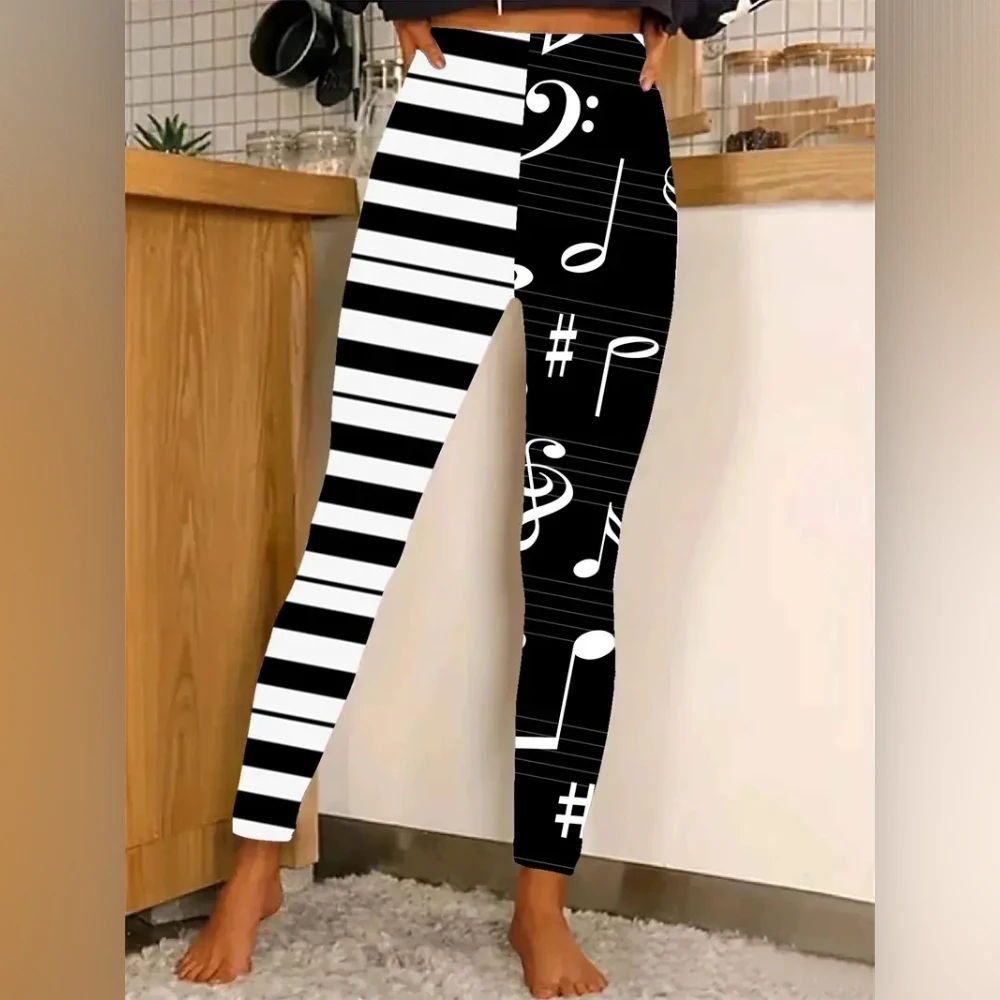 Striped note print stretch slim elastic waist casual leggings for women