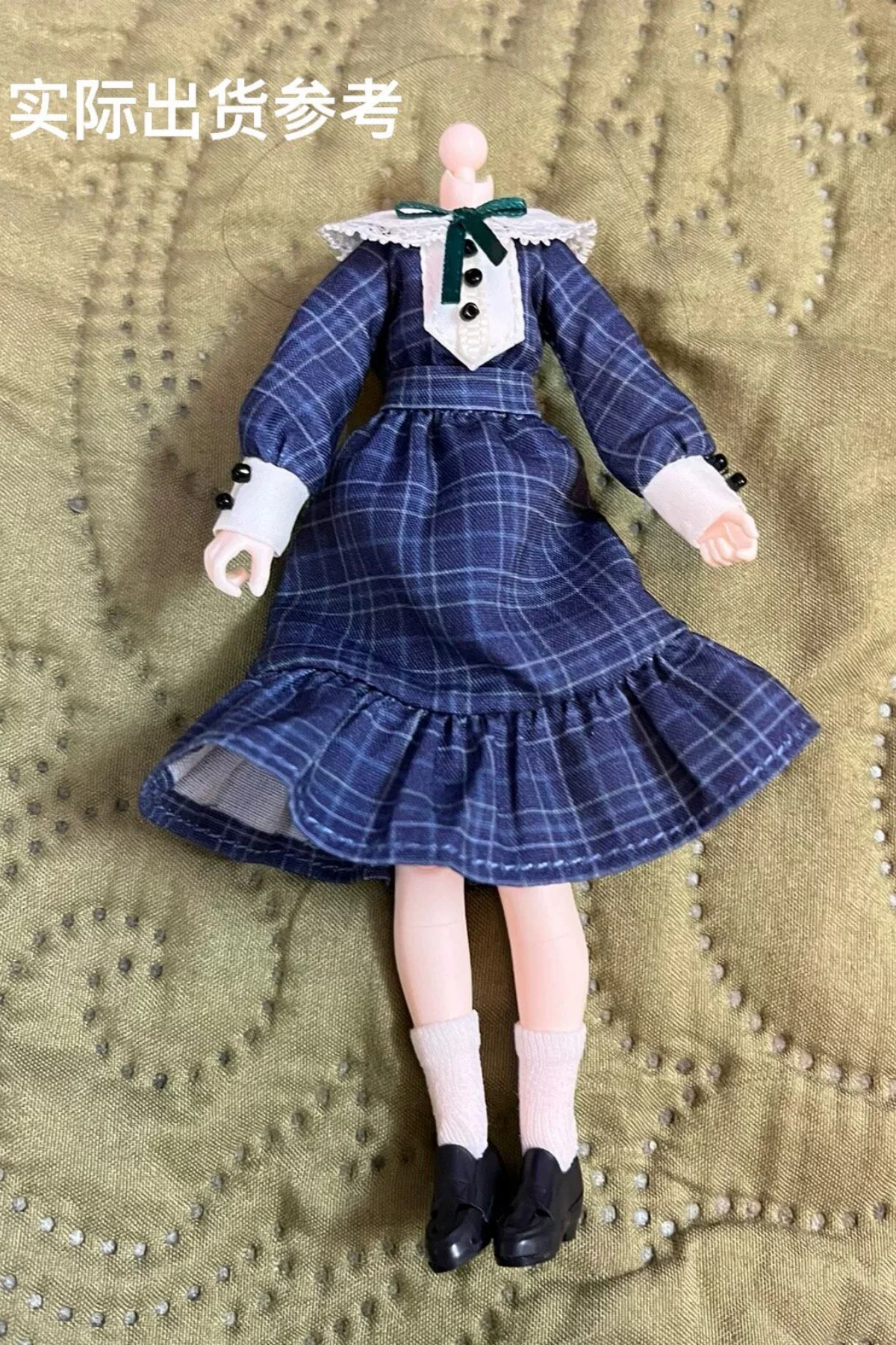 【Clothing Only】Handmade 1/12 Navy Blue Retro Plaid Doll Neck Dress White Sock Set For 6inchs figma 30ms Action Figure Body