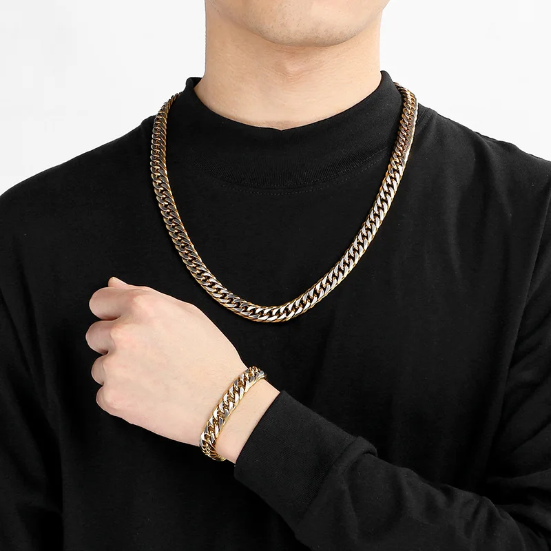 Hip Hop Stainless Steel Figaro Chain Bracelet for Men Creative Two Tone Cuban Bracelet Necklace Personalized Trend Jewelry Gift