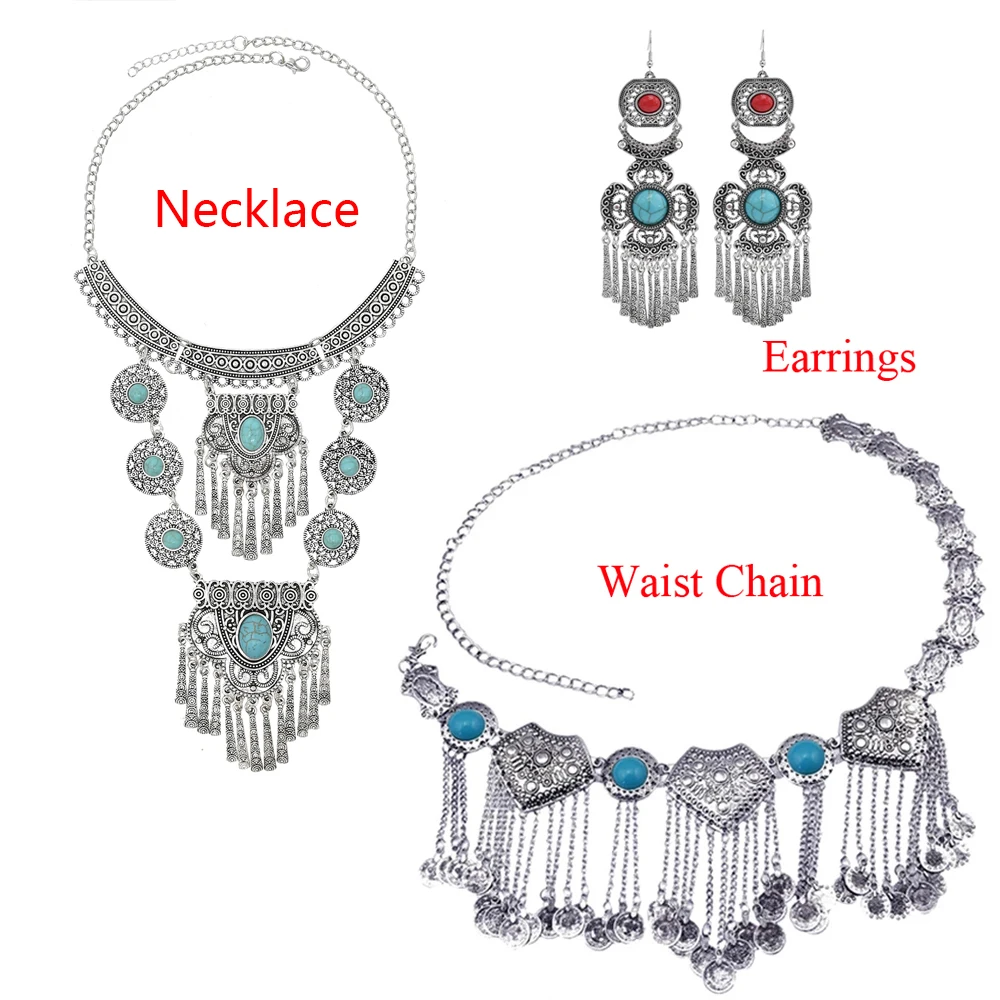 Vintage Gypsy Afghan Large Acrylic Gem Coin Earrings Necklace for Women Boho Ethnic Belly Chains India Femme Body Jewelry Sets