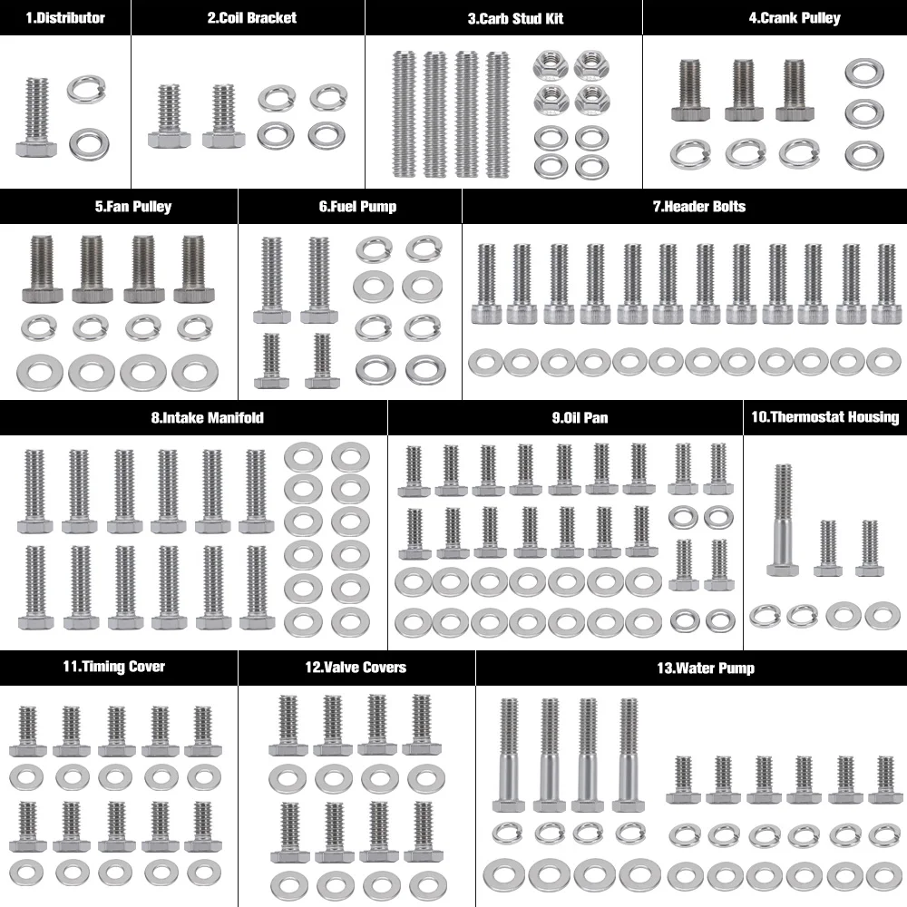 Hypertune - Small Stainless Block For Chevy SBC 265 283 302 305 307 327 350 400 Engine HEX Bolt Kit 211Pcs Nuts & Bolts HT-EMK01