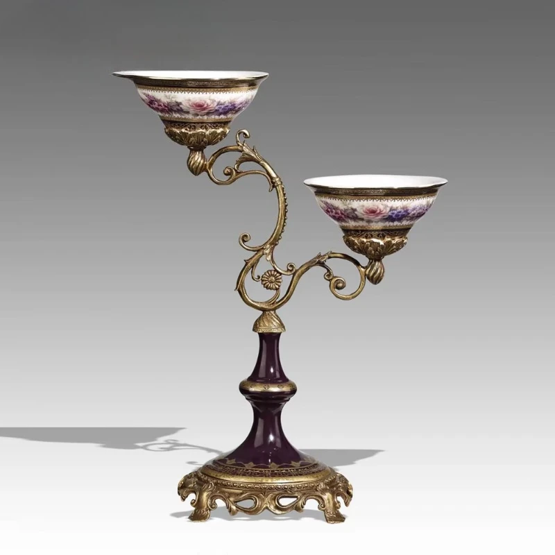 Fashion European porcelain copper double-layer fruit bowl hand-painted flower pattern double-layer ornamental fruit plate