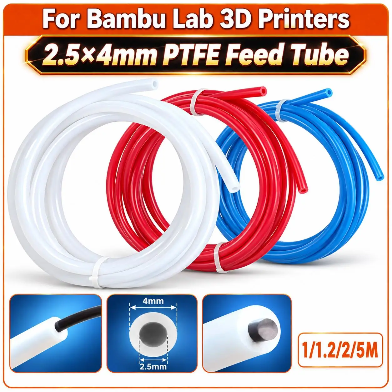 2.5×4mm PTFE Teflon Tube for Bambu Lab AMS X1C P1S P1P A1 AMS-Lite Low Friction 1.75mm Filament 3D Printer Replacement Parts