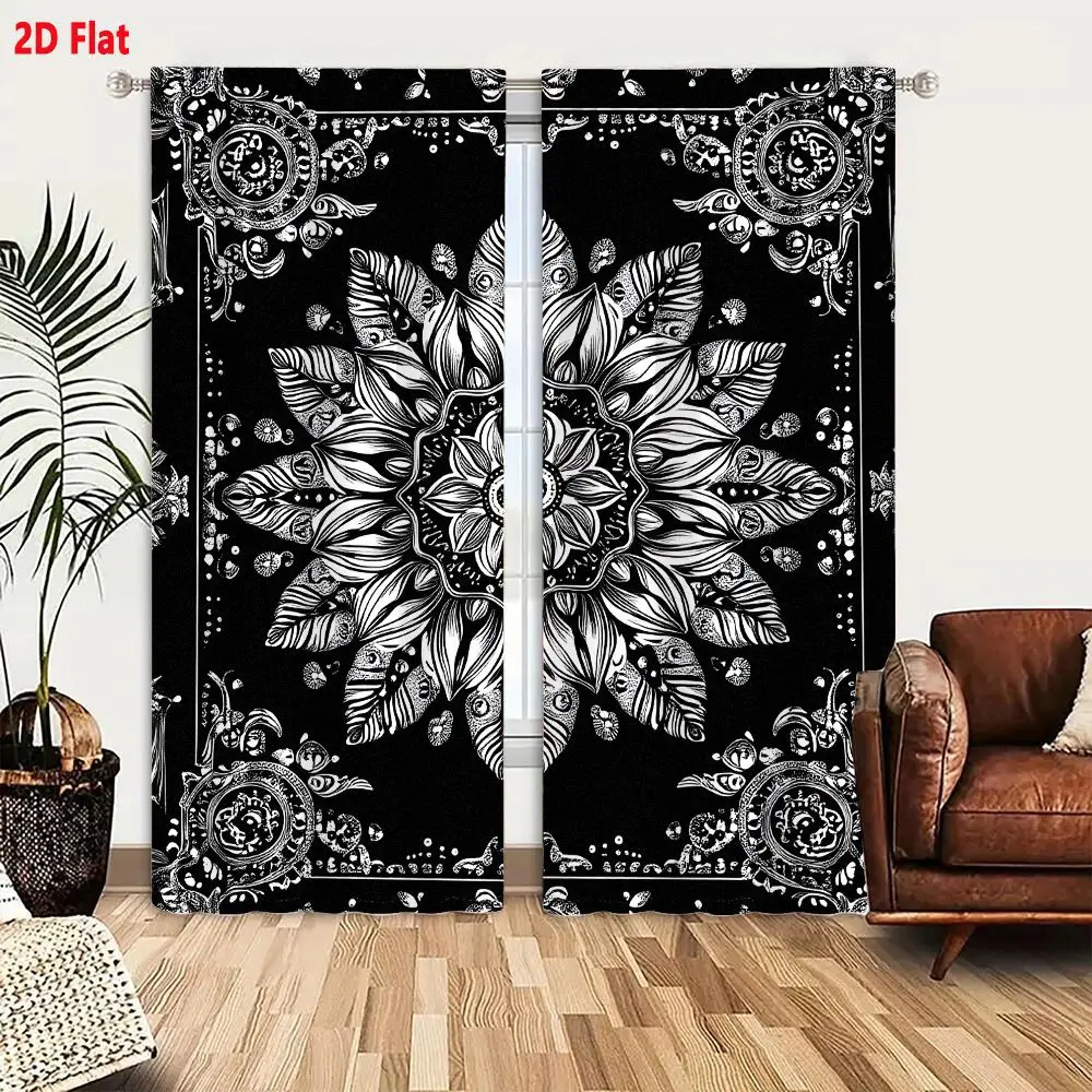 2Pcs Curtains 2D Flat Black And White Mandala Bandana Print With Floral Motif And Tribal Psychedelic Design Window Drapes for Be