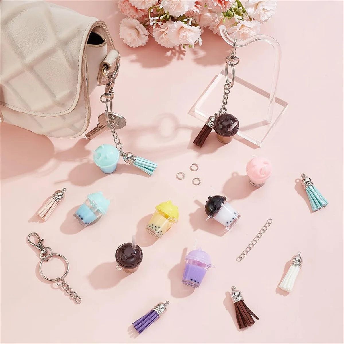 62Pcs Cup Keychain Making Kit, Including 6 Colors Bear Mini Cup Charms 3D Resin Bubble Tea Pendants and Tassel