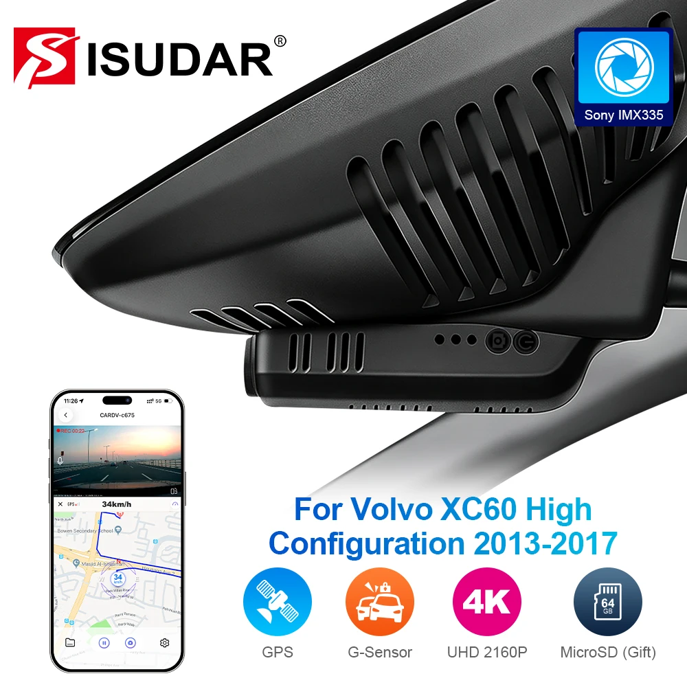 ISUADR 4K Dash Cam for Volvo XC60 2013-2017 model B Front Rear Dual Camera WiFi App Car DVR 2160P Night Vision Loop Recording