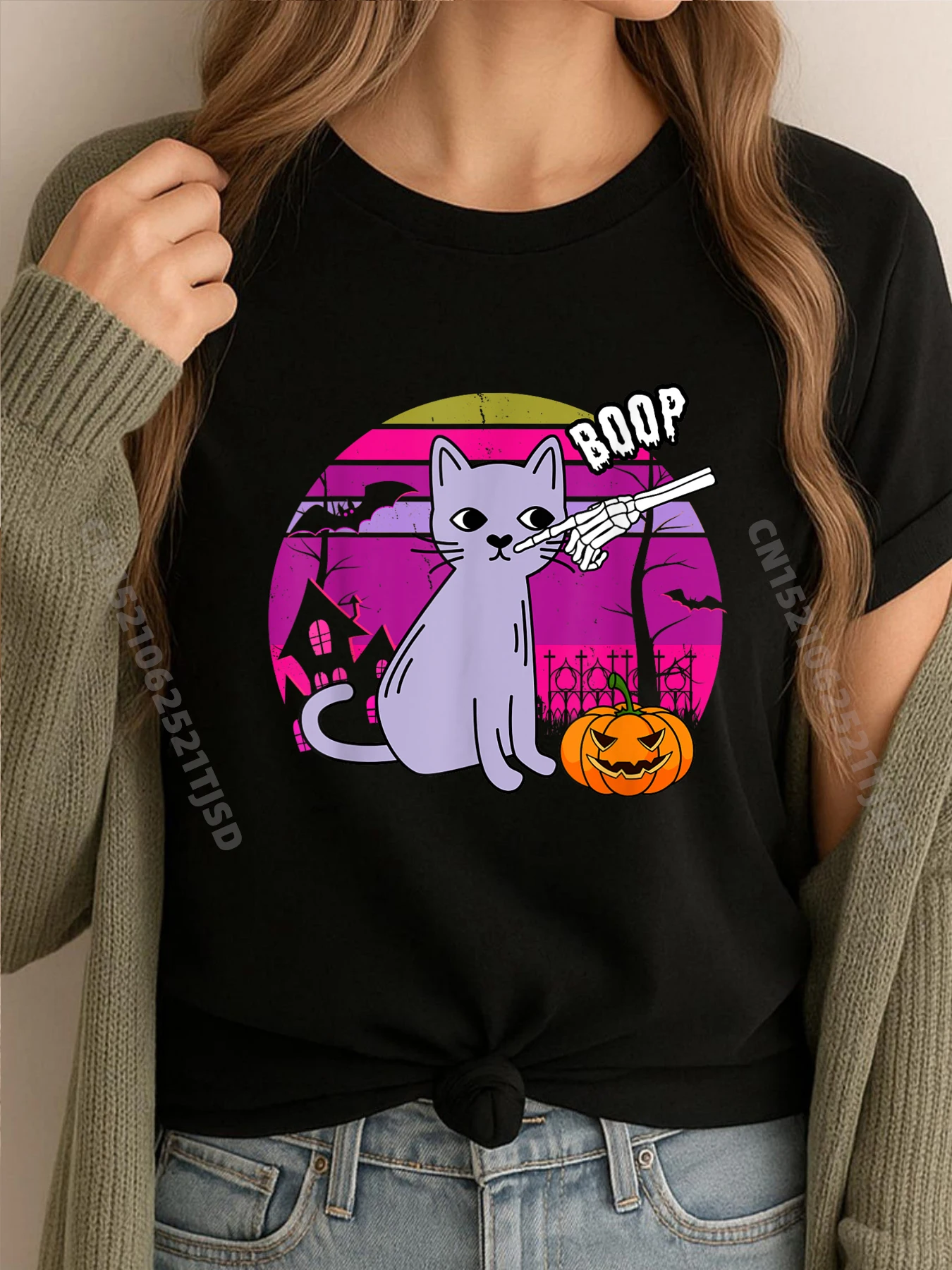 

Хэллоуин кошка скелет рука попа жуткий тыква забавные винтажные футболки женская бесплатная доставка одежда футболка стираная