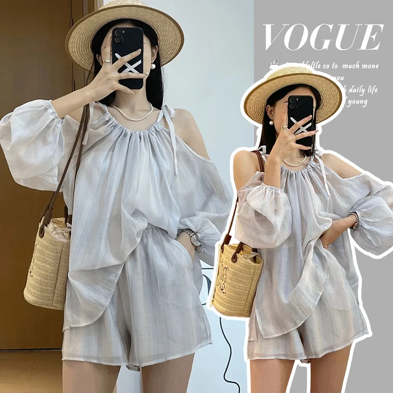 maternity-suit-summer-2026-breathable-off-shoulder-blouse-and-shorts-two-piece-set-for-short-pregnant-women-beach-vacation