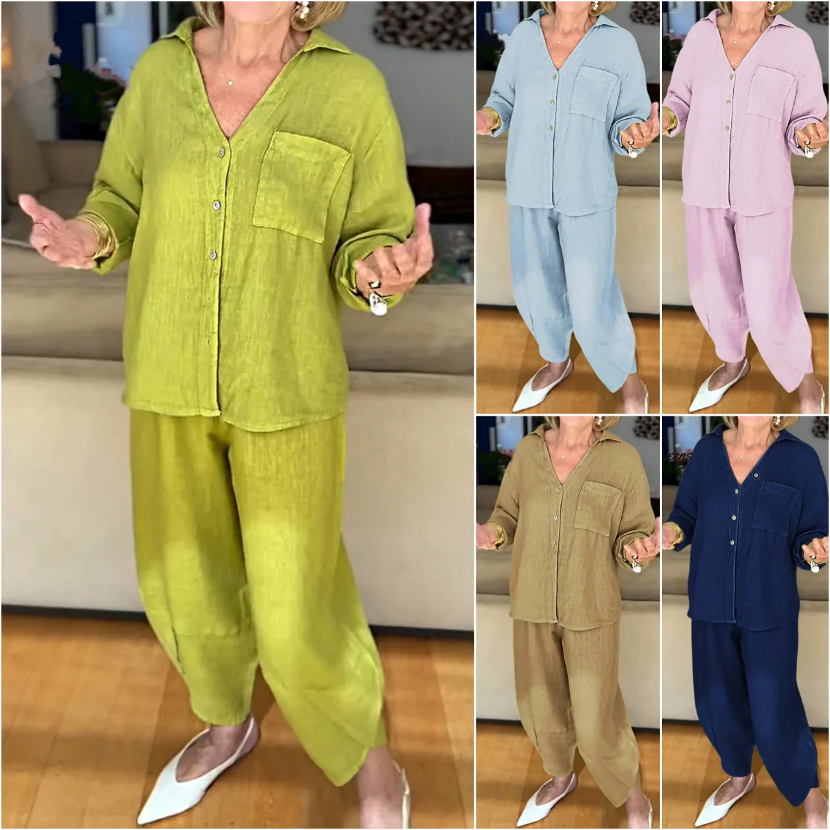 

Two Piece Sets Pant Set Women Turn Down Collar Full Sleeve Shirt Solid Wide Leg Long Pants Casual Elastic Waist Y2k Streetwear