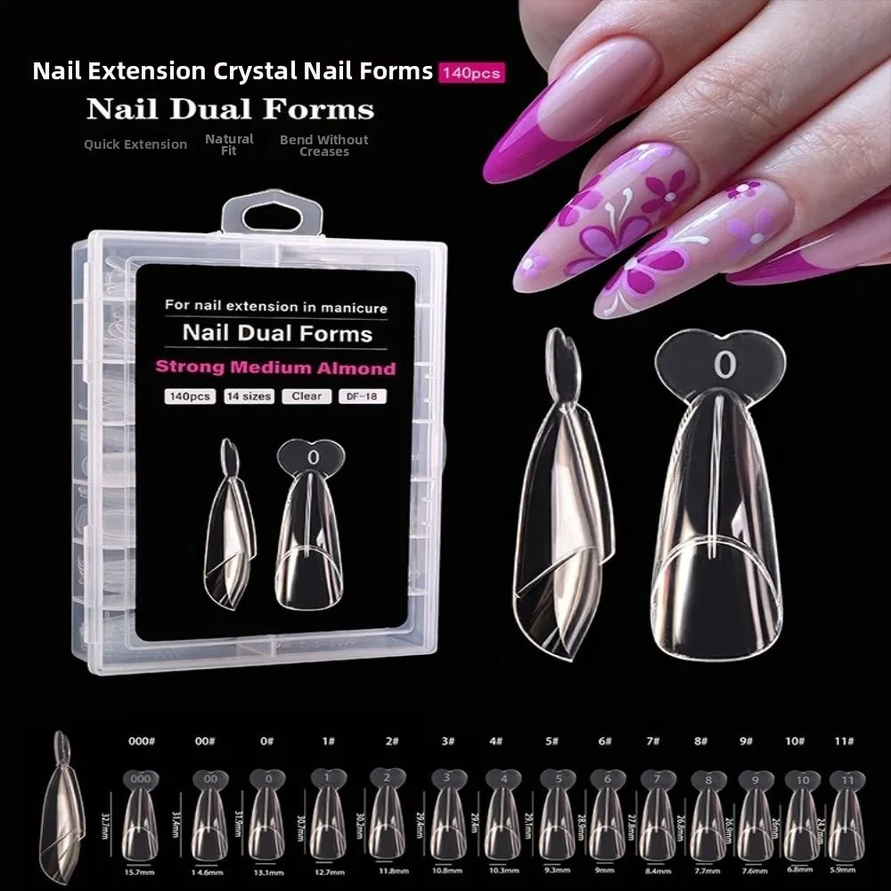 140PCS 14 Sizes French Nail Dual Form Square Almond Reusable Nail Extension Mold with Inner French Line Fake Nail Tips