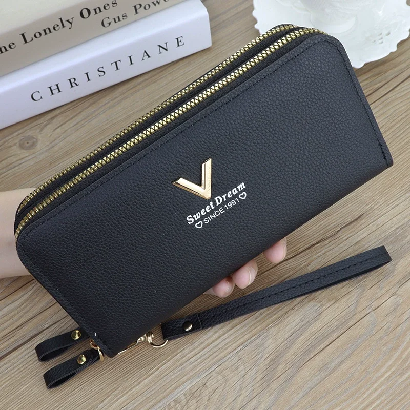 Women’s Double Zipper Long Wallet, PU Leather Large Capacity Card Holder Wristlet Clutch with Phone Pocket Purse