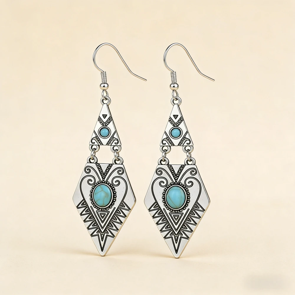 Vintage Bohemian Creative Geometric Rhombus Synthetic Turquoise Handmade Earrings, Alloy Female Wedding Couple Holiday Jewelry