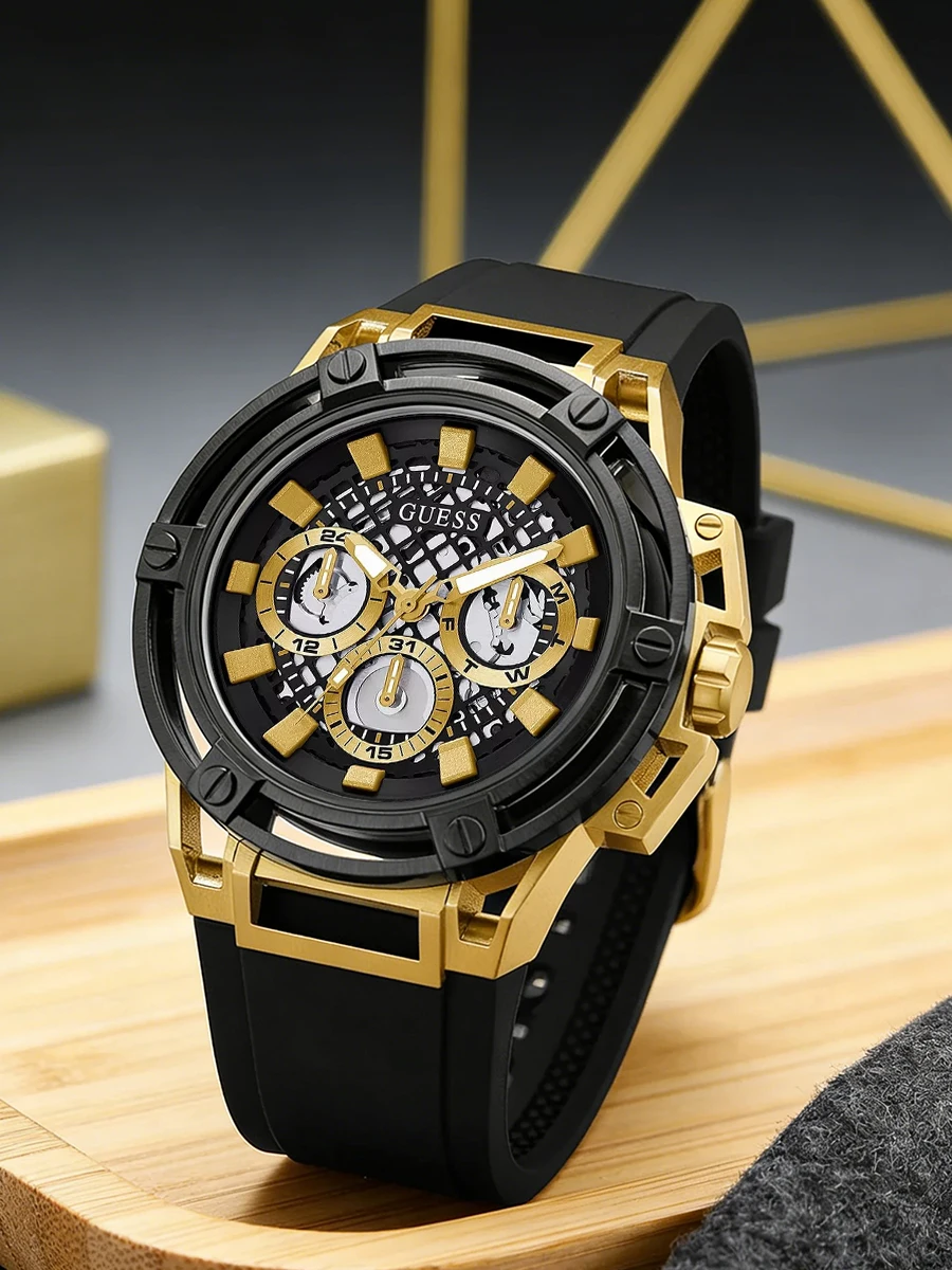 Reloj de cuarzo con cronógrafo para hombre GUESS, esfera negra con diseño de esqueleto, correa de silicona, reloj de pulsera, regalo para el club, viajes, día del padre