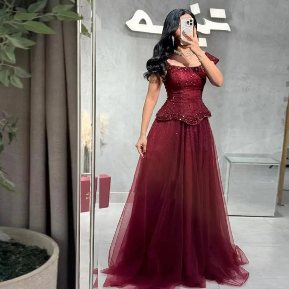 

Customized Brilliant Peplum Evening Dresses Scoop Neck Cape Sleeve Wedding Guest Prom Dress Burgundy Tulle vestidos de fiesta