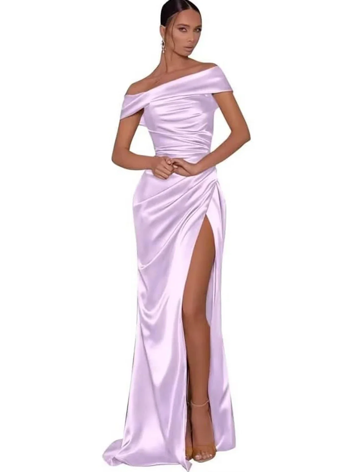 Allingentle Satin Mermaid Prom Party Dresses Sexy Off Shoulder High Side Slit 2024 Evening Bridesmaid Gowns Vestido De Festa