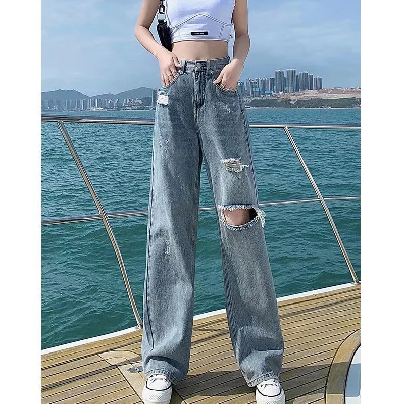 

Women's Wide Leg Trousers High Waist Straight Hole Loose Drape Thin Section Summer Jeans