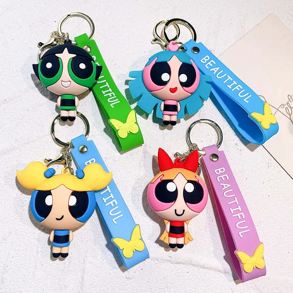 MINISO Powerpuff الفتيات الكرتون عمل الشكل المفاتيح زهر فقاعات Buttercup دمية Keyrings حقيبة قلادة اكسسوارات مفتاح السيارة