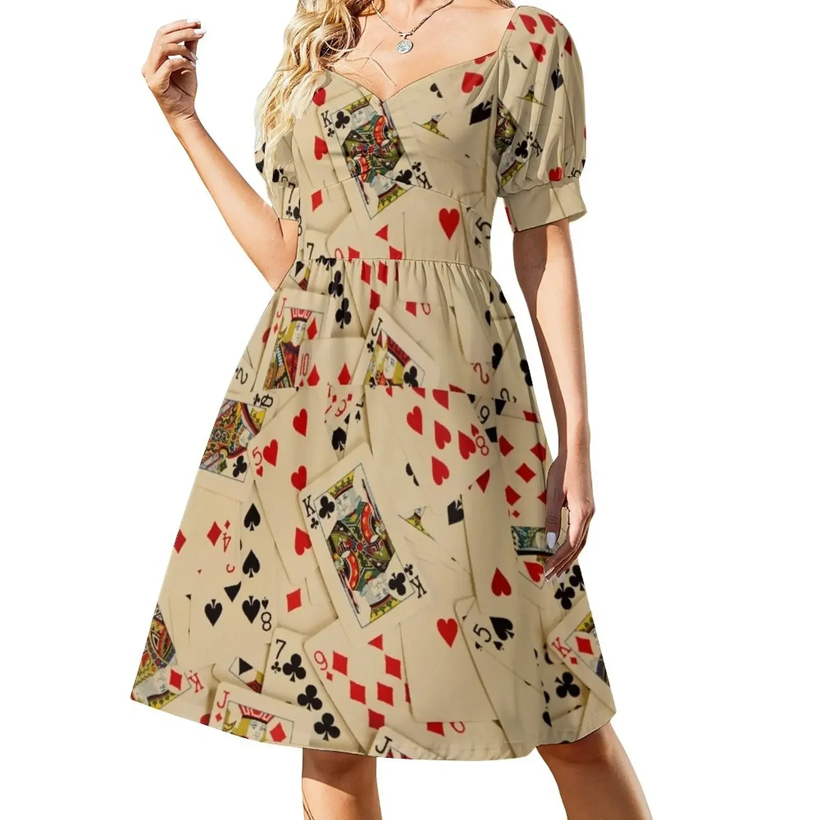 

Scattered Pack of Playing Cards Hearts Clubs Diamonds Spades Pattern Sleeveless Dress cute dress Dress