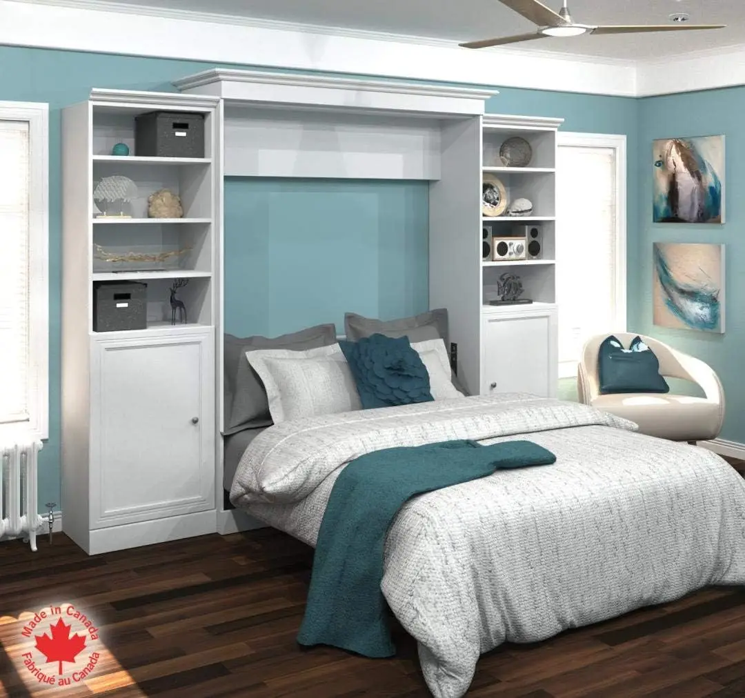 Versatile Queen Murphy Bed and 2 Closet Organizers with Doors (115W) in White, Sleeping Arrangement and Wardrobes