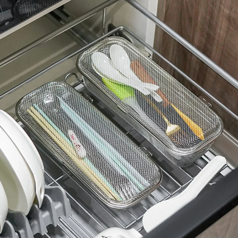 Stainless Steel Mesh Cutlery Box Cleaning Basket for Dishwasher Small Items Kitchen Tools Spoons Basket Storage Retail