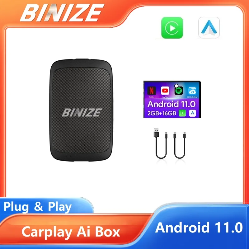 

Binize Carplay Ai Box Android 11.0 Wireless Android Auto Netflix Youtube For Car with OEM Wired CarPlay Qualcomm 2290 2G+16G