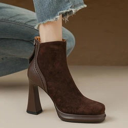 NEW Autumn Women Boots Sheep Suede Leather Shoes for Women Square Toe Super High Heel Shoe Zip Ankle Boots Platform Modern Boots