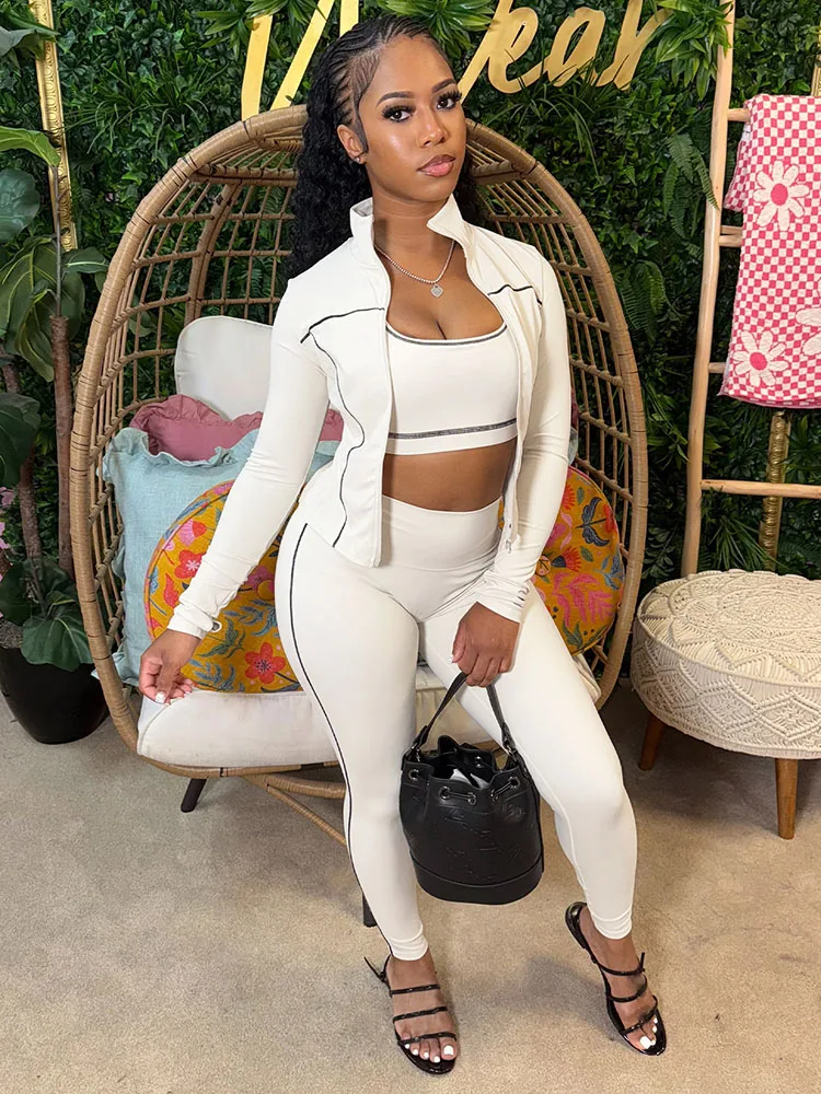 

Doyerl Striped 3 Piece Set Women Suit Long Sleeve Coat + Vest + Pant Suits Casual Sporty Jogger Matching Sets Outfits Streetwear