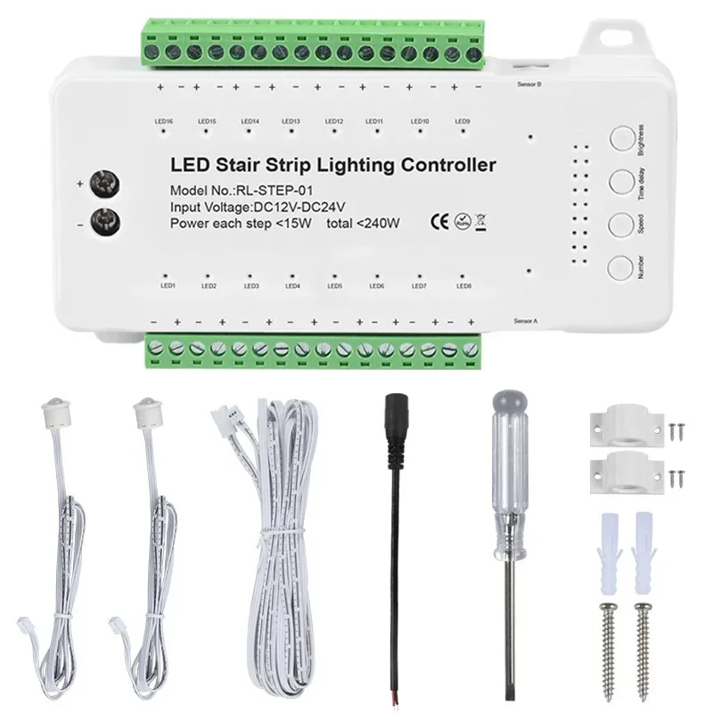 16 Channels Led Stair Light Staircase Controller 2 PIR Motion Sensor Controller For Indoor Stairway Flexible LED COB Strip Light