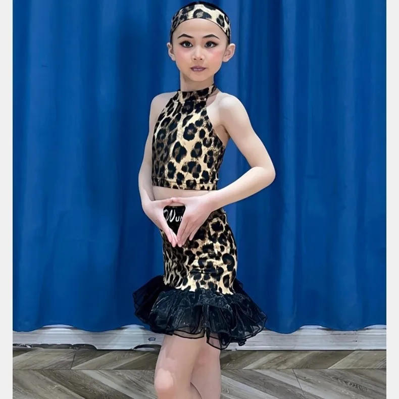 New Girls' Professional Latin Dance Practice Training Clothes Leopard Print Neck Split Advanced Suit