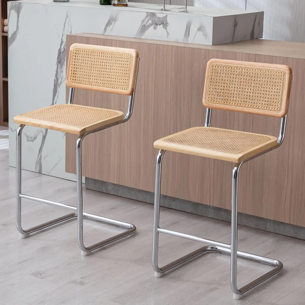Bangku Tinggi Konter Rotan Alami, Kursi Bar Boho Set 2 dengan Punggung Kayu, Kursi Bar Modern 24 Inci, Tidak Bisa Abad Pertengahan