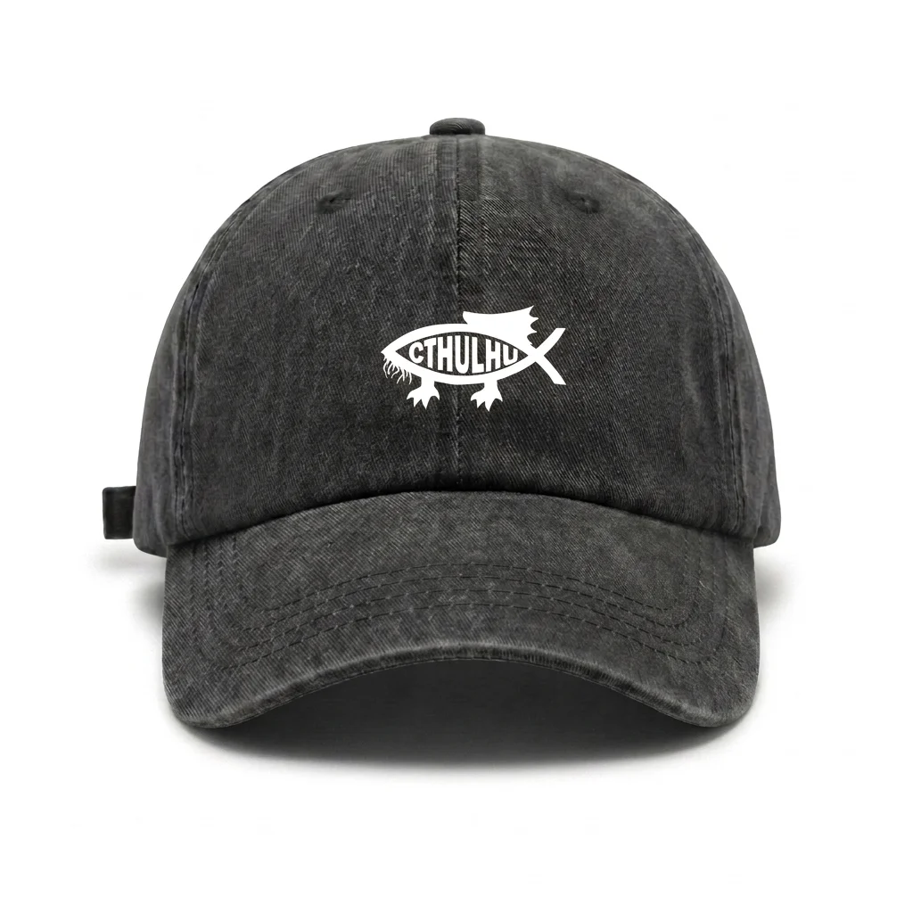 Vintage Washed Sea Monster Fish Graphic Baseball Cap, Adjustable Unisex Dad Hat with Metal Buckle, Dark Nautical Streetwear Gift