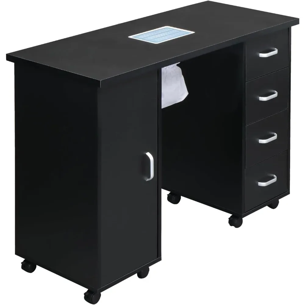 Manicure Table Black Rolling, Nail Table Makeup Cabinet Desk Cosmetic Trolley Storage Organizer for Technician Workstation Salon